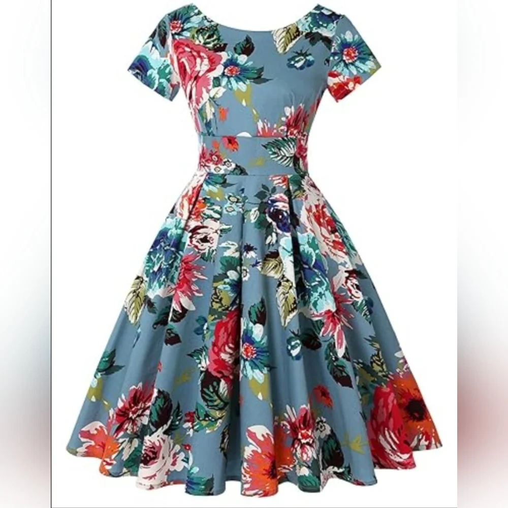 Mint Limit 1950s Retro Rockabilly Short Sleeve Blue Floral Flare Dress Sze Small - Picture 2 of 12
